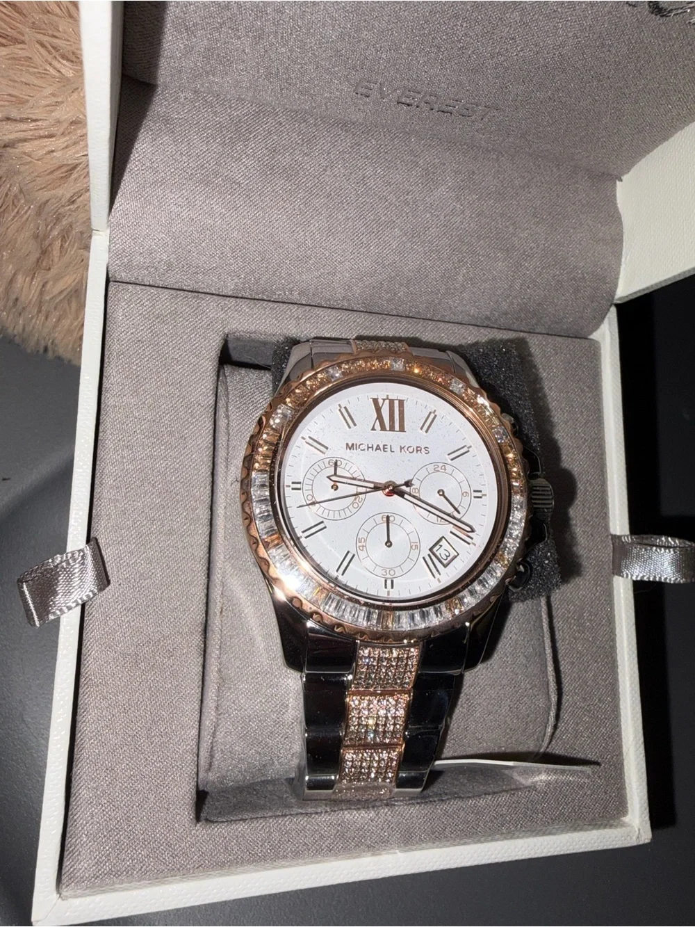 Michael Kors  Silver and Rose Gold Crystal Accent Chronograph Watch